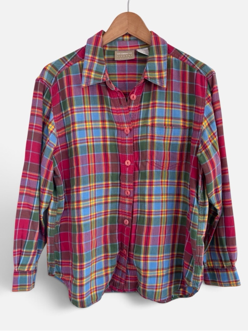 90s Vintage Lizwear Rainbow Plaid Flannel Button Down Shirt Top Red Green PM